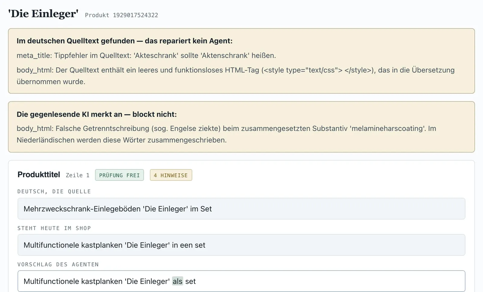 Stichprobe des Übersetzungsagenten: deutscher Produkttitel, aktueller Shoptext und Vorschlag auf Niederländisch